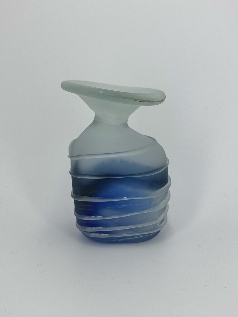 Hand Blown Frosted White Blue  Art Vase with Applied Swirls